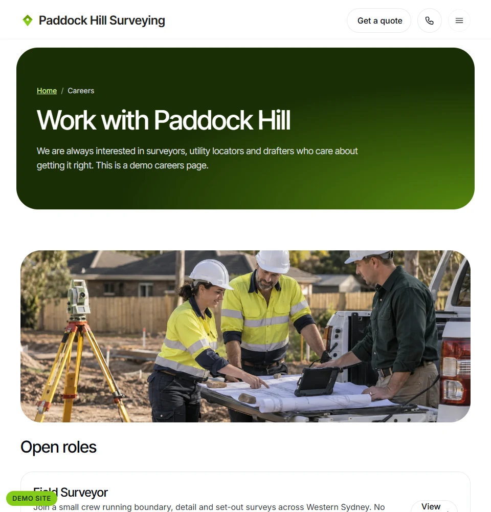 Paddock Hill Surveying demo careers page, showing its field team and open surveying roles.