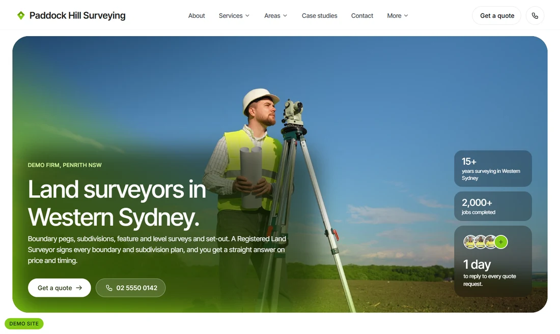 Template B, Paddock, home page for Paddock Hill Surveying: a still frame of a surveyor beside a total station behind the headline Land surveyors in Western Sydney and a Get a quote button.