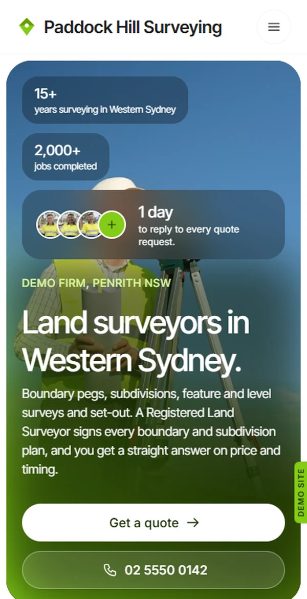 Template B, Paddock, home page on a phone with a still frame of its surveying video hero.